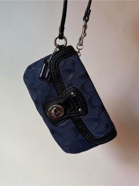 Coach Navy Shimmery Signature Canvas Convertible Wristlet with Black Trim